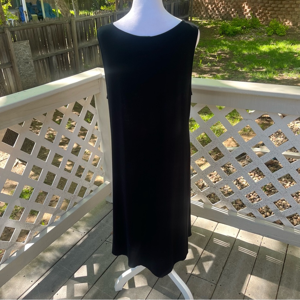 Eileen Fisher Medium Black Sleeveless Stretch Jersey Midi Dress Asymmetrical‎ - Picture 4 of 7